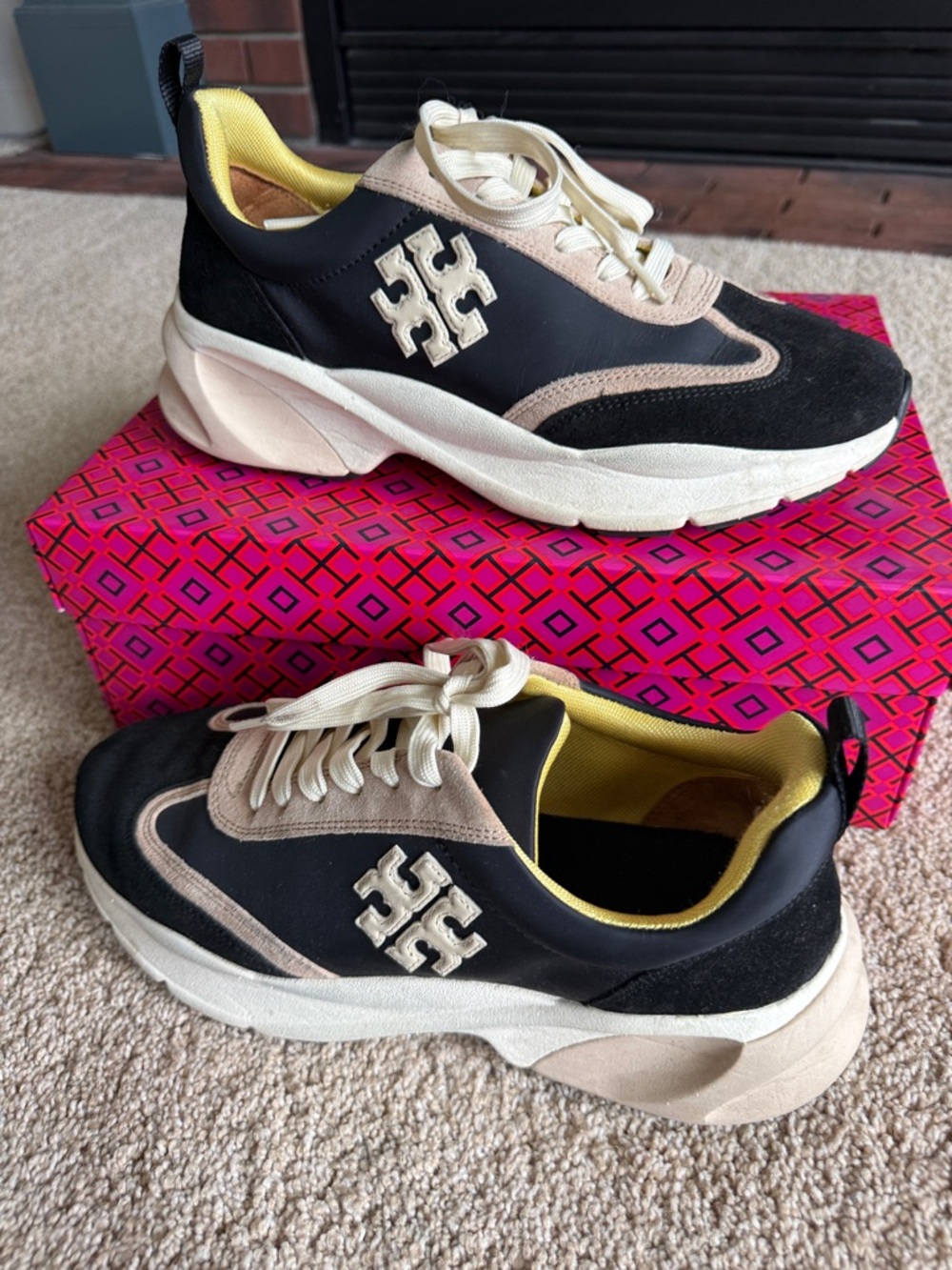 Tory Burch Black, Beige & Yellow Good Luck Trainer Sneaker, Nylon/Suede